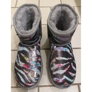 RARE UGG Sequin Zebra Floral Classic Mini Boots Gray Shearling Womens 7